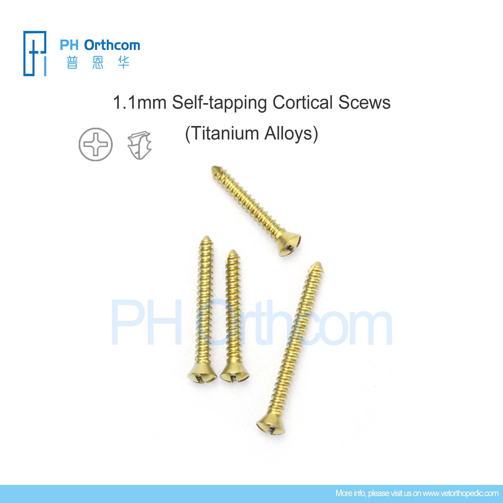 1.1mm Titanium Self-tapping Cortical Screws, Cross-head, 5pcs